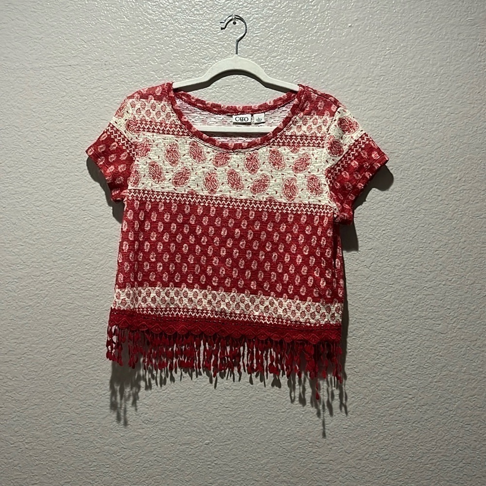 Women’s Paisley Pattern Fringe Top Short Sleeve Red Cream Size Large Boho